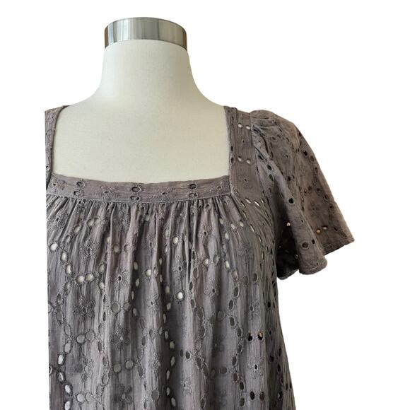 CLAUDE TULUM Taupe Eyelet Midi Dress Taupe Short Sleeves Square Neck Small NEW - Picture 3 of 12